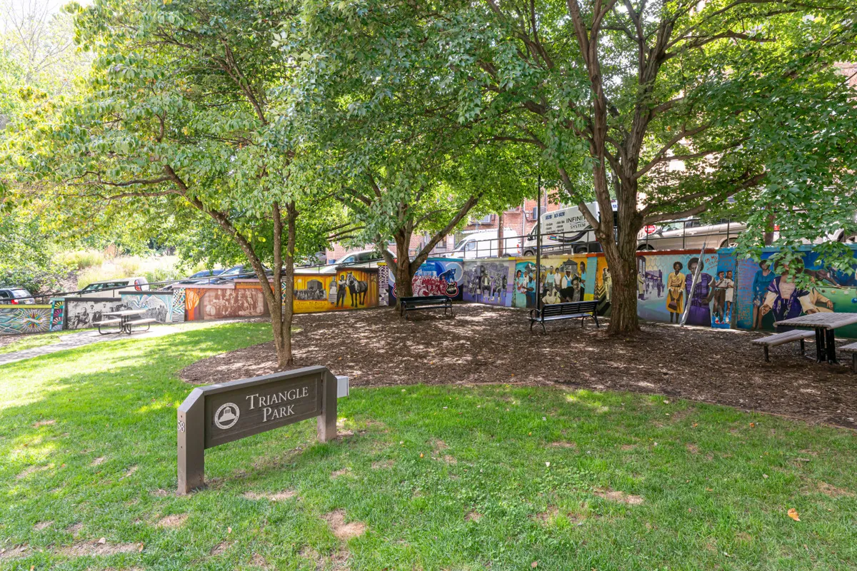 A vibrant local park scene featuring colorful murals, a welcoming park sign, benches for relaxation, and leafy trees. The cheerful atmosphere hints at Asheville’s creative spirit and the neighborhood’s emphasis on community art and outdoor gathering spaces.
